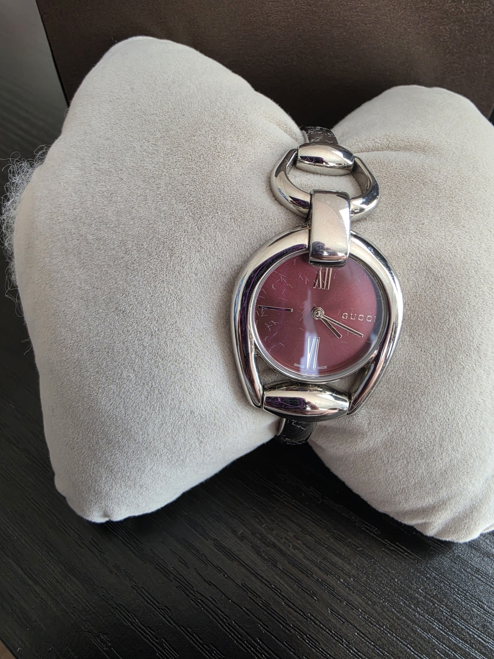 Gucci Women's Silver Link Watch with Burgundy Face